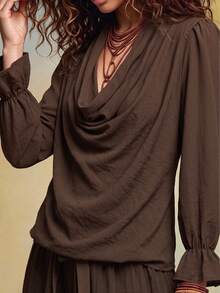 SHEIN Women's Brown Cowl Neck Long Sleeve Elegant Casual Blouse - Coffee Brown - View 4