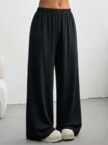 Sweetra Simple Casual Lazy Home Office Commute Daily Date Shopping Elastic Waist Wide Leg Pants Set For Women, Black And Grey, Spring Summer Autumn - Multicolor - View 3