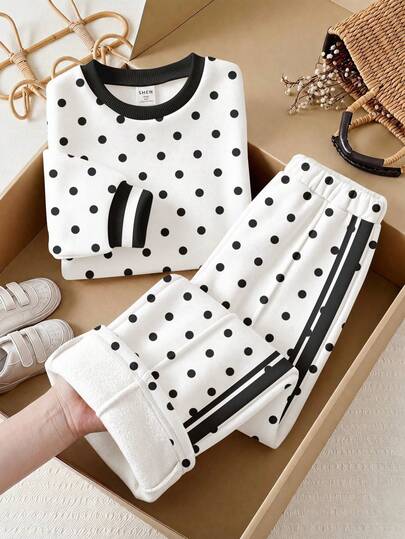 Cute Fashionable Black & White Vibrant Contrast Polka Dot Young Girl Casual Loose Drop Shoulder Long Sleeve Crew Neck Pullover Sweatshirt & Wide Leg Sweatpants Set, Suitable For Autumn/Winter Daily, Street, Outdoor, Sports, Campus, Back To School, New Fits, New Season, New Energy