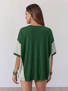 Wildy American Casual Boho Western Country Green And White Striped Patchwork Women's Spring/Summer Daily Vacation Basic Outfit Loose Top T-Shirt For Outing - Green - View 3