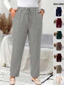 EMERY ROSE Plus Size Women's Casual Daily Striped Long Pants (With Pockets), Suitable For Spring, Summer, Autumn And Vacation Wear - Black - View 1