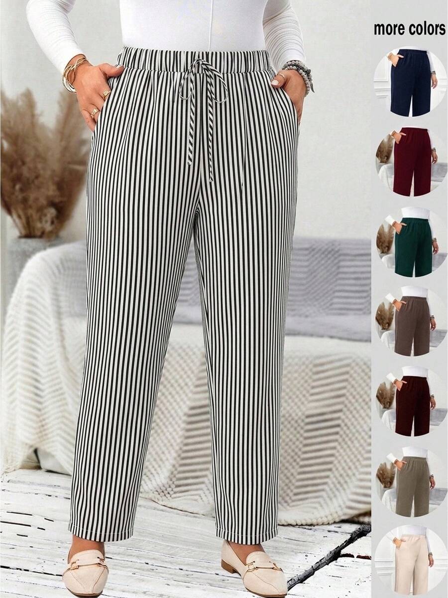 EMERY ROSE Plus Size Women's Casual Daily Striped Long Pants (With Pockets), Suitable For Spring, Summer, Autumn And Vacation Wear - Black - View 1