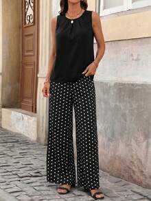 SHEIN Clasi Women's Summer Casual Solid Color Tank Top & Polka Dot Print Wide Leg Pants 2 Pieces Set - Black - View 3
