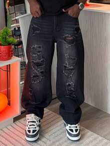 Harrin Don Harrin Don 1pc Men's Distressed Wide Leg Jeans, American Vintage Ripped High Street Casual Loose Long Pants (Product Does Not Include Belt And Accessories) - Black - View 6