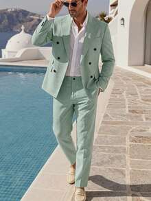 Manfinity Mode Men's Casual Versatile Double-Breasted Suit Jacket And Pants Set - Green - View 7