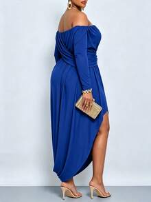 SOLERSUN Große Größen Off-Shoulder einärmliges Satin Abendkleid mit geraffter Taille und asymmetrischem Schlitz, elegantes luxuriöses langes Kleid für Partys - Blau - Übersicht 5
