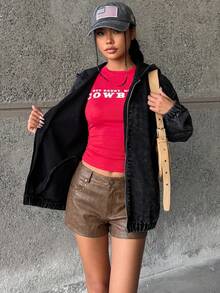 SHEIN 青少年女孩時尚休閒 Y2K 復古酷街頭返校大學風 灰色丹寧鬆身連帽長袖外套，彈性束帶收口設計，柔軟日常穿著，適合青少年女孩秋冬穿搭、電音派對、音樂節與街頭風服飾 - 黑色 - 查看 4