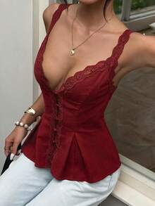 Aloruh 女款優雅休閒通勤上衣 蕾絲飾邊拼接純色無袖襯衫 夏季 - 酒紅色 - 查看 6