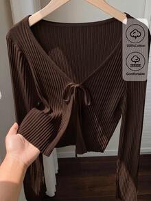Comfortcana Casual Versatile Solid Color Tie-Front Knit Cardigan - Brown - View 1
