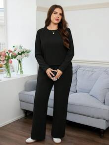 Easowa Curve Plus Size Casual Versatile Solid Color Top And Pants 2 Pieces Set - Black - View 5