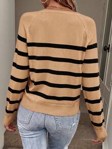 Easowa Casual French Black And White Striped Round Neck Raglan Sleeve Women Sweater In Fall Office Brunch - Camel - View 3