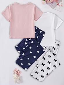 Tween Girl Navy Blue Flamingo Print Long Pants And Short Sleeve T-Shirt Casual Pajama Set 2pcs - Multicolor - View 2