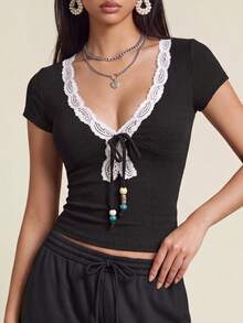 Rina Fox Camiseta nueva para mujer, camiseta nueva color café primavera/verano, camiseta nueva sexy de cuello en V verano, camiseta de tela elástica texturizada retro Y2K, camiseta sexy de manga corta con patchwork de encaje, camiseta sexy de cuello en V profundo con contraste de color para chica sexy, camiseta básica minimalista casual, camiseta básica de color café, adecuada para uso diario en casa, salir, compras, caminar, camiseta de manga corta de verano - Negro - Ver 1