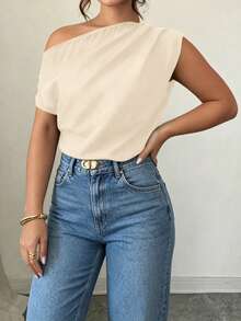 Elenzga Black Plus Size Shirt With Ruched Design, Comfortable Casual Short Sleeve Oblique Shoulder, Suitable For Spring, Summer, Autumn - Apricot - View 1
