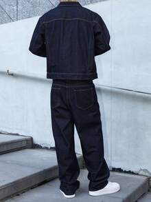 Manfinity EMRG 男士海軍藍牛仔兩件套，休閒夾克與寬鬆闊腿長褲，春秋街頭風，男友與丈夫穿著的工裝夾克城市度假兩件套 - 深色水洗藍 - 查看 2