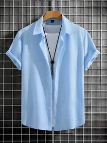 Manfinity Homme Men's Textured Plus Size Single-Breasted Short Sleeve Vacation Shirt - Blue - View 4