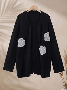 Rusticease Plus Size Women's Embroidered Beaded Floral Knit Cardigan, Autumn/Winter - Black - View 2