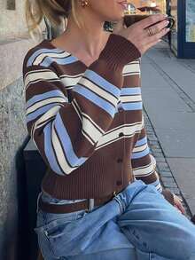 SHEIN Frenchy Cárdigan ligero de mujer casual retro con rayas marrones, cuello en V, manga larga, abotonado simple, estilo preppy, para volver a la escuela, suéter de otoño e invierno para uso diario - Multicolor - Ver 5