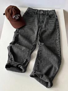 SHEIN 兒童青少年男孩直筒寬鬆休閒百搭牛仔長褲，附口袋 - 黑色 - 查看 7
