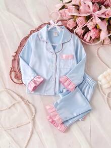 Girls' Solid Color Satin Ruffle Sleeve Long Sleeve Top And Pants With Pockets Embroidery 2-Piece Set, Spring/Autumn - Blue - View 5