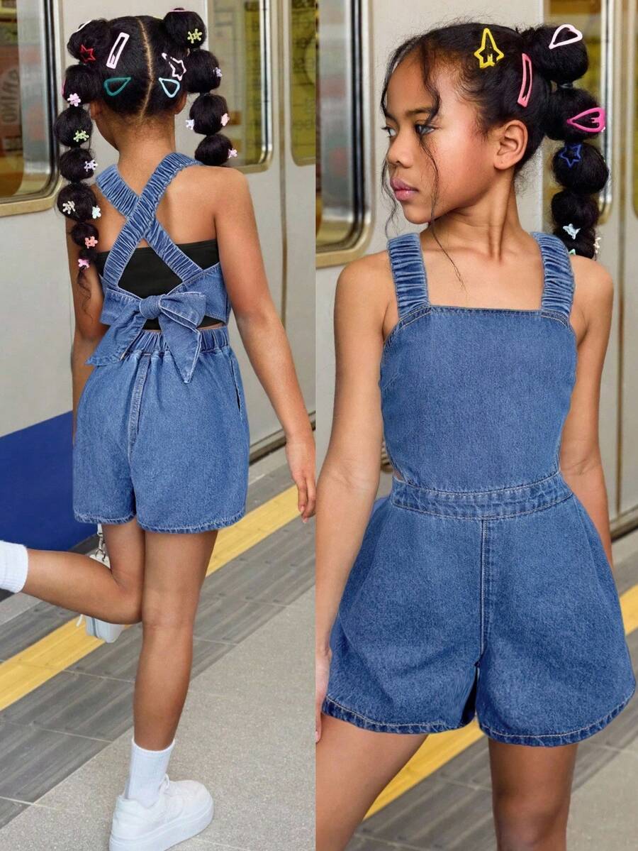 SHEIN Tween Girl Summer Beach Boho Cool & Street-Style Stonewashed Jumpsuit With Cross Back Straps And Open Back, Tween Girl Summer Beach Boho Holiday Clothes Back To School Streetwear Outfits,Girls Concert Rave Casual Outfits - Dark Wash - View 1