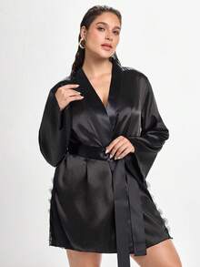 Slumbrini Plus Size Women's Eyelash Lace Patchwork Satin Robe & Nightgown 3-Piece Set - Black - View 10