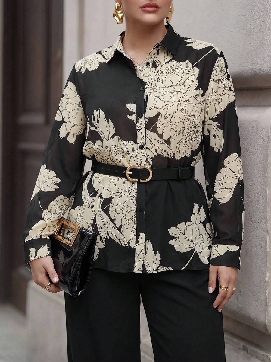 Chikora Plus Size Elegant Commuter Floral Print Blouse - Multicolor - View 1