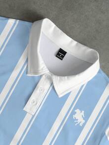 Manfinity Hypemode 男士藍色經典休閒條紋馬術圖案 Polo 衫，儀式款 - 彩色 - 查看 4