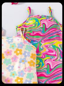 SHEIN 3 件套女童迷彩、心形印花、花卉印花和纯色花卉印花连体裤套装 - 彩色 - 查看 4