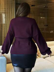 Vibekara Autumn/Winter Luxury Style Premium Purple V-Neck Tie-Front Slimming Cardigan Sweater - Purple - View 4