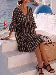 SHEIN Holidaya Gaun Kasual Bergaris Cokelat Gaya Boho Elegan untuk Liburan Musim Panas - Coklat - View 5
