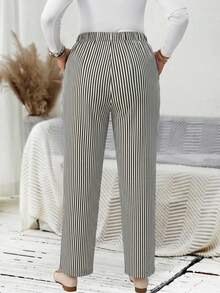 EMERY ROSE Plus Size Women's Casual Daily Striped Long Pants (With Pockets), Suitable For Spring, Summer, Autumn And Vacation Wear - Black - View 2