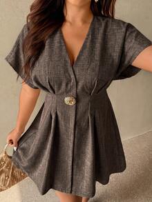 Auralis Plus Size Women's Elegant Casual Short Sleeve Dress Metal Waist Design Pleated Detail Teachers' Day Brunch Bussines Formal Office Brown Summer - Brown - View 3