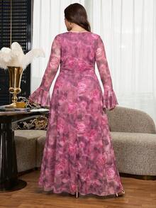 Reflora Vestido de vacaciones elegante con estampado floral, mangas con volantes y plisado, talla grande - Rosa Fucsia - Ver 2
