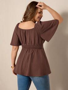 Comfylo Off-Shoulder Square Neck 2-Way Wear Flowy Hem Plus Size Blouse - Brown - View 3