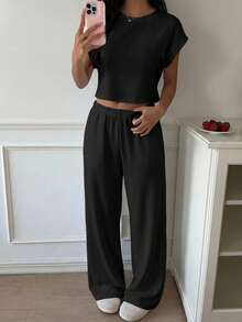 CovetEZ 黑色针织女士家居服套装，简约休闲日常上衣和裤子 - 黑色 - 查看 6