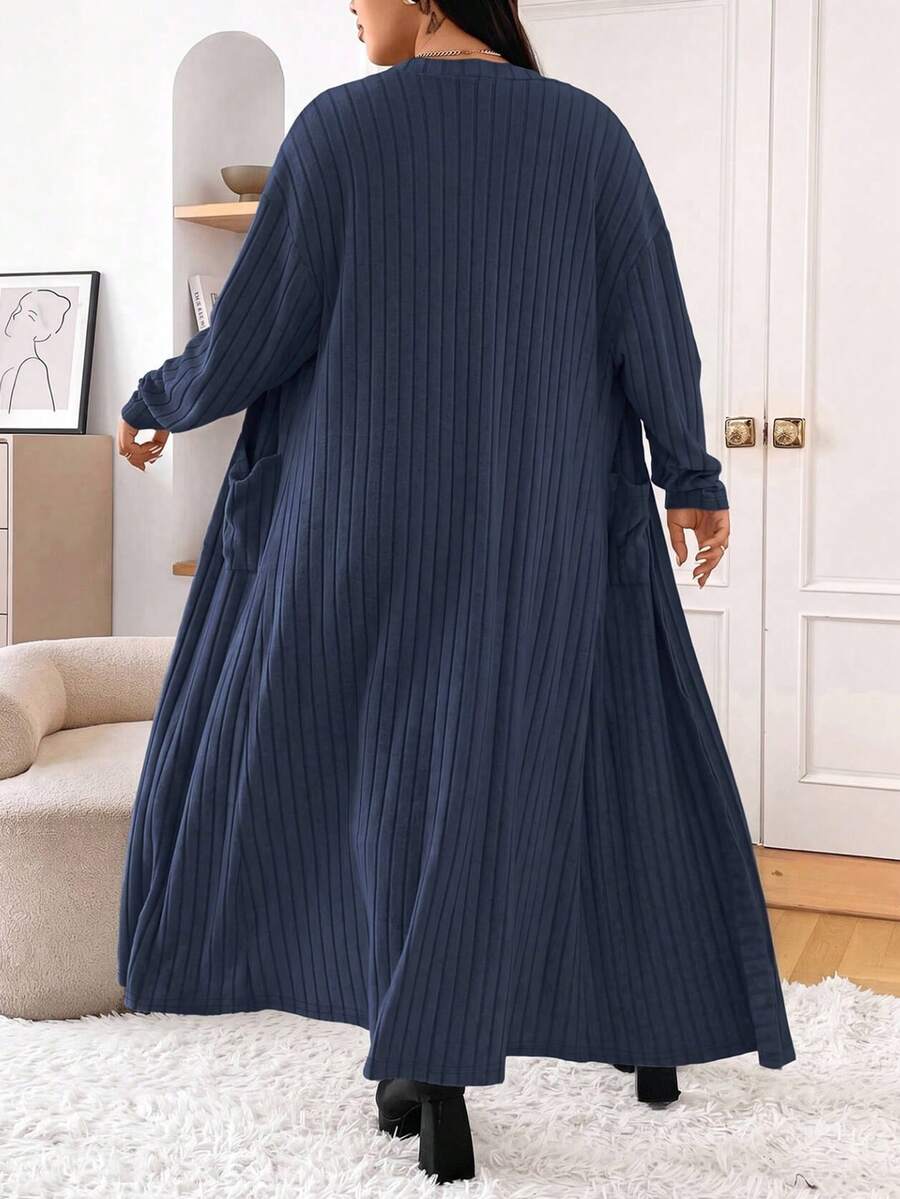 SHEIN EZwear 大尺碼女款素色長袖羅紋開襟休閒長版開襟外套 秋季 - 藏蓝色 - 查看 1