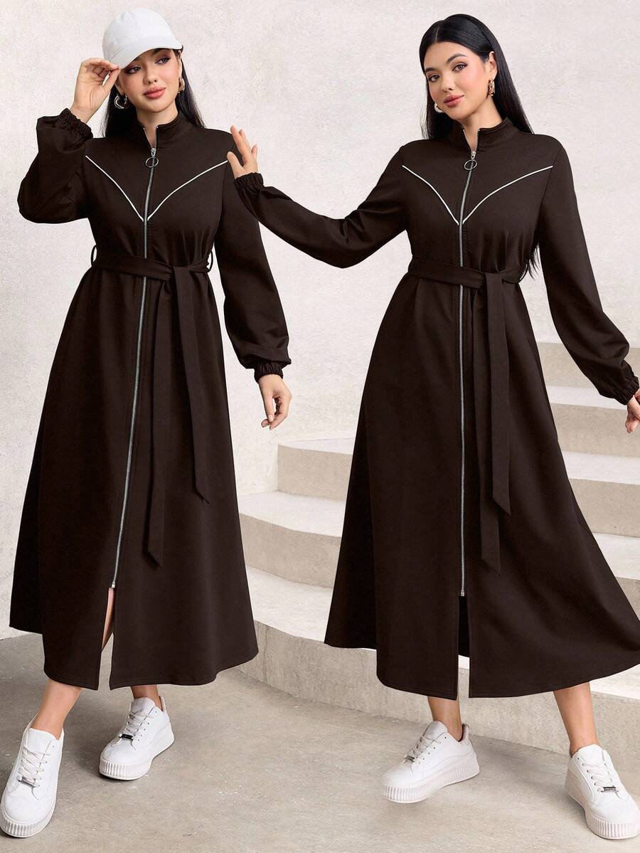 Graceveil Women's Autumn And Winter Outfit Simple Daily Solid Color Stand Collar Front Zipper Lantern Sleeves With Belt Long Abaya Robe Dress