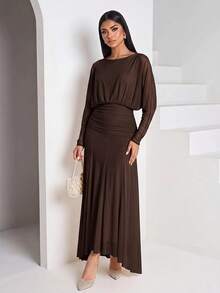 Veilorie Women's Elegant Solid Color Long Dress For Party - Coffee Brown - View 8
