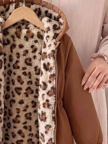SHEIN Elladie kids 1件女童冬季粉色花卉保暖內裡拉鍊連帽外套，彈性腰頭，加厚保暖休閒西式通勤百搭簡約時尚夾克 - 棕色 - 查看 3
