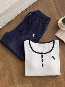 SHEIN EZwear 大尺碼女款馬術印花長袖上衣與長褲休閒日常兩件套 秋季 - 藍白色 - 查看 6