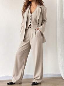 SHEIN EZwear 3pcs/Set Solid Grey Suit Jacket, Vest And Pants In Fall/Winter - Apricot - View 7