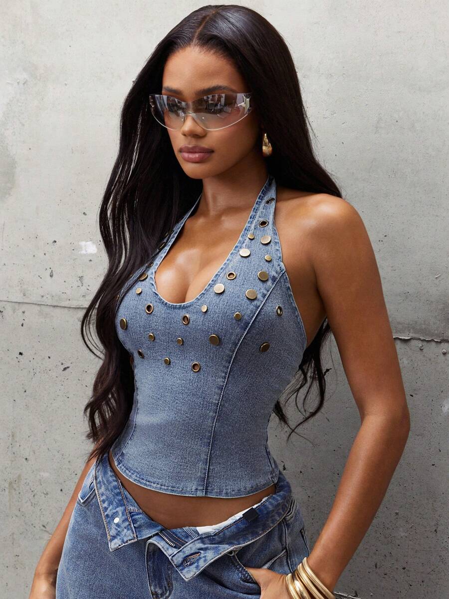 Denimoi Studded Denim Halter Sexy Tops Fashion Tops Washed Denim Top Lace Up Back GNO Clubwear Concert - Light Wash - View 1