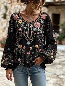 Selamara Floral Print Lantern Sleeve Casual Loose Fit Top - Black - View 6
