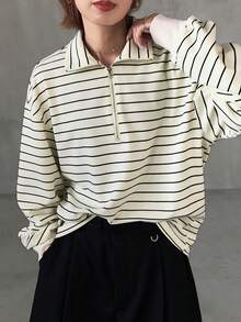 FRIFUL Kaos Wanita Model Korea Terbaru untuk Awal Musim Gugur, Motif Garis-garis, Kain Bergaris, dan Dekorasi Resleting Logam - Aprikot - View 3