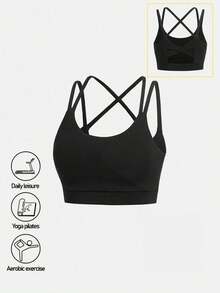 SHEIN Tween Girl Criss Cross Back Sports Bra, Autumn Winter, Fall, Back To School, Yoga, Gym, Running, Training, Stretchy, Breathable, Elastic, Active - Black - View 4