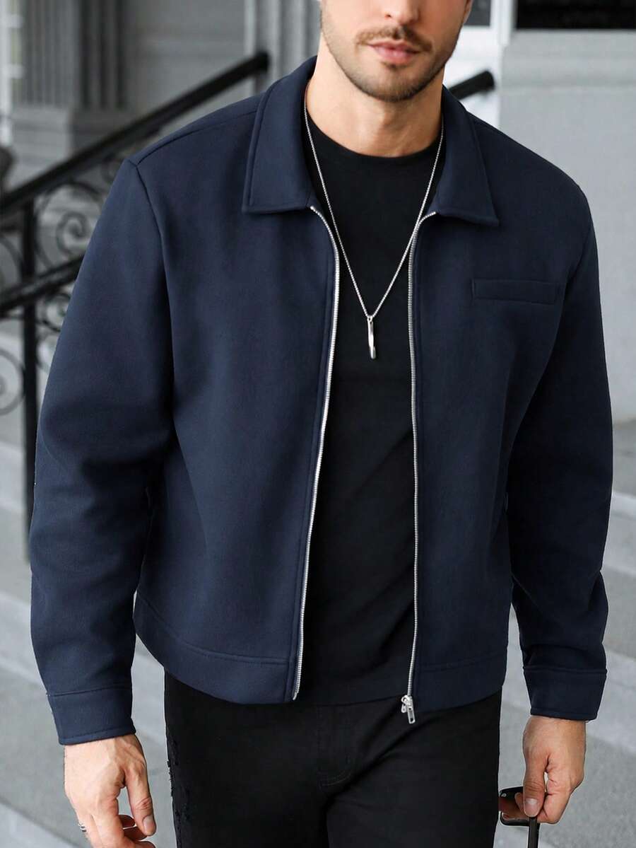 Manfinity Homme 男士時尚百搭拉鍊長袖大衣,適合通勤穿著 - 藏蓝色 - 查看 1