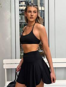 hollyjadebate Minimalist Solid Color High Waist Side Slit Sports Skort Black - Black - View 5