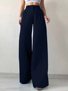 SHEIN Tall Women's Solid Color Wide Leg Suit Pants - Navy Blue - View 5