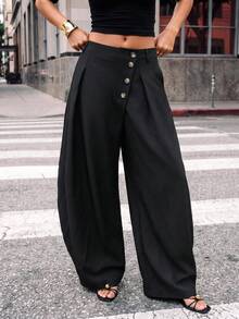 Avantive Women's Autumn/Winter Solid Color Button Front Casual Curved Leg Trousers - Black - View 2